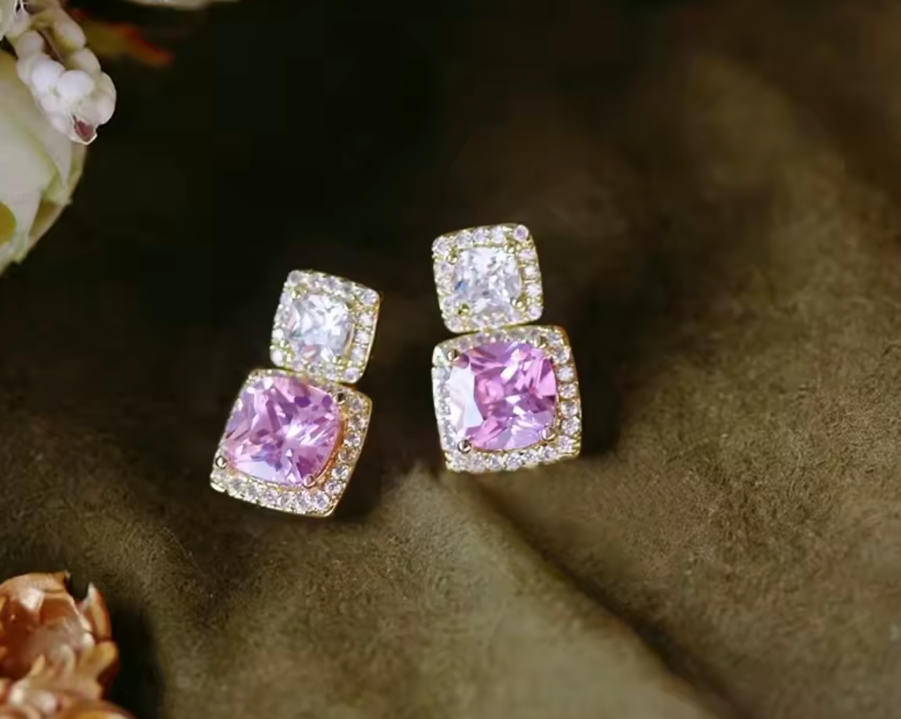 Huitan Cushion Pink & White Cubic Zirconia Dangle Earrings