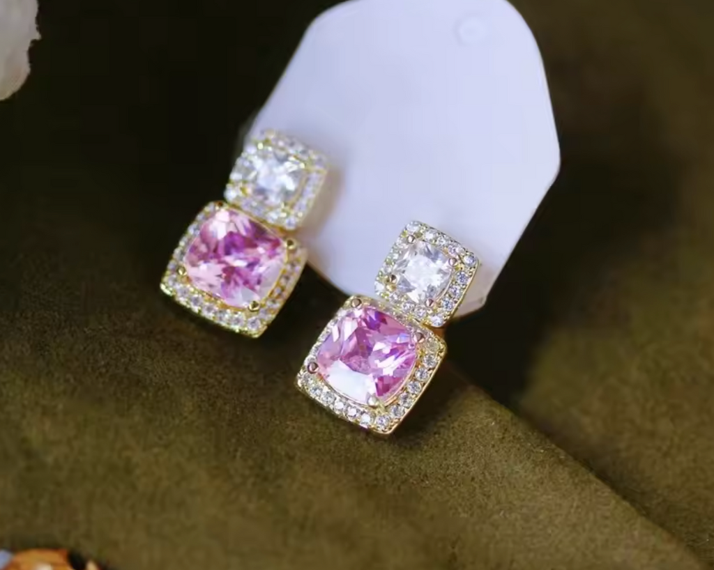 Huitan Cushion Pink & White Cubic Zirconia Dangle Earrings
