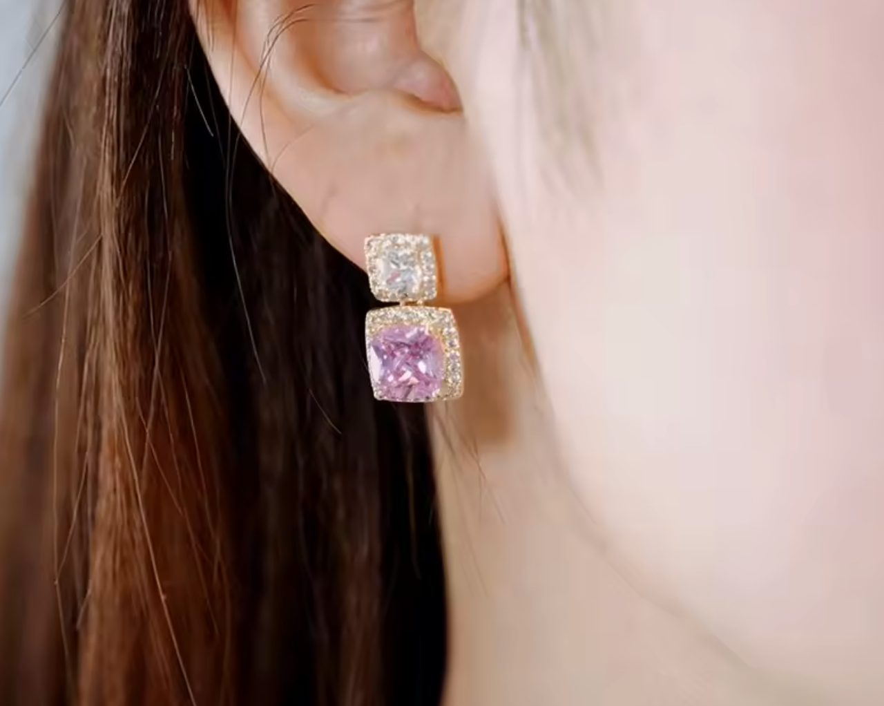 Huitan Cushion Pink & White Cubic Zirconia Dangle Earrings