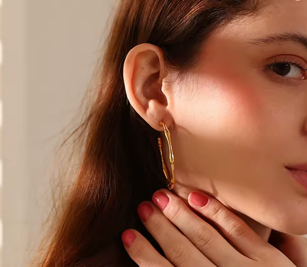 Minimalist Thin Bamboo Large Gold Hoop Earrings