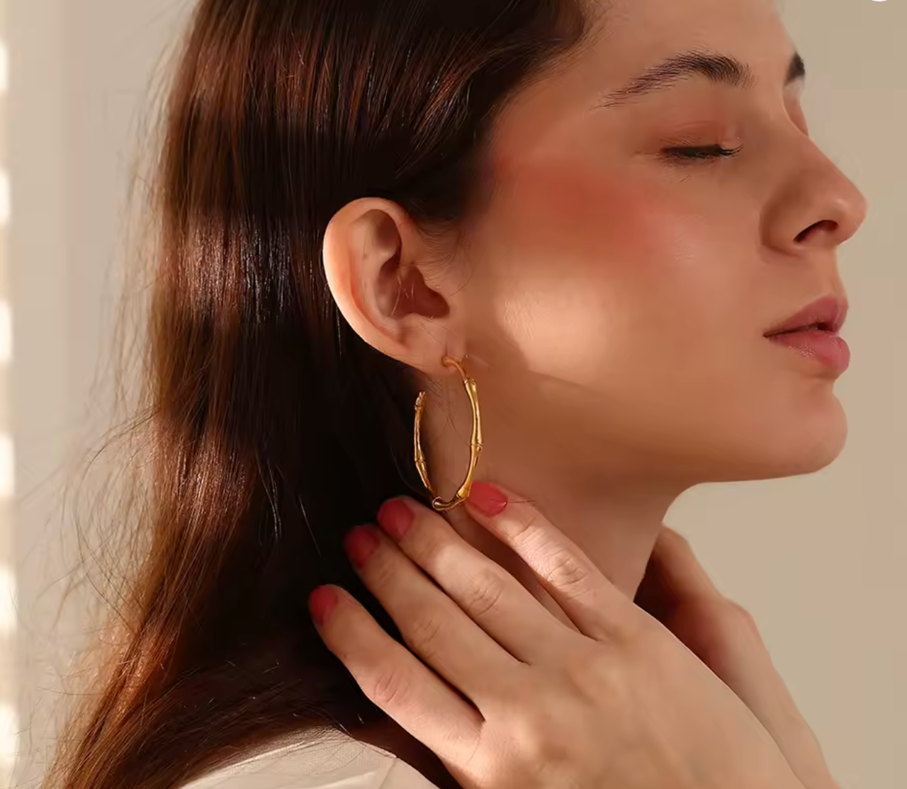 Minimalist Thin Bamboo Large Gold Hoop Earrings