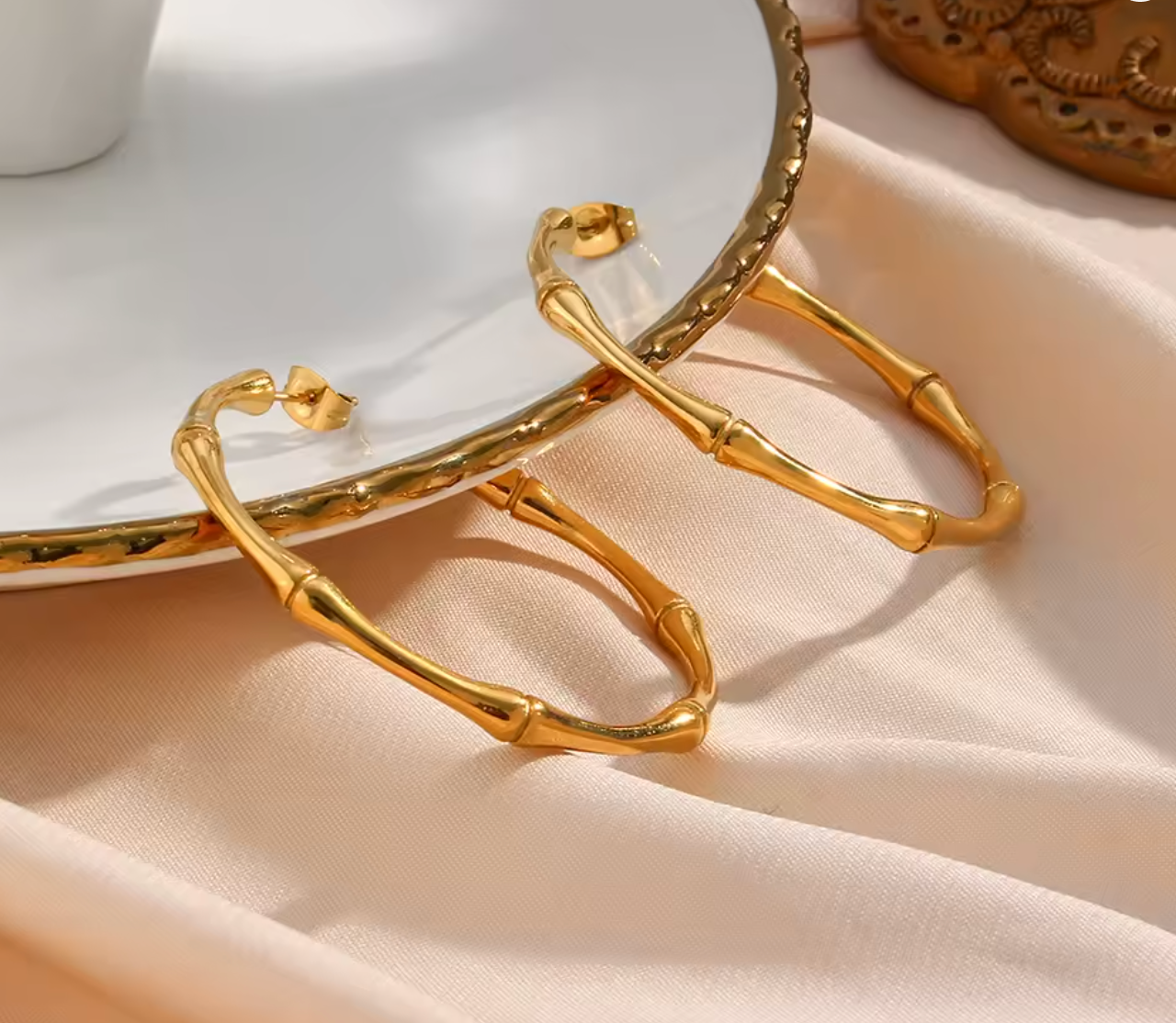 Minimalist Thin Bamboo Large Gold Hoop Earrings
