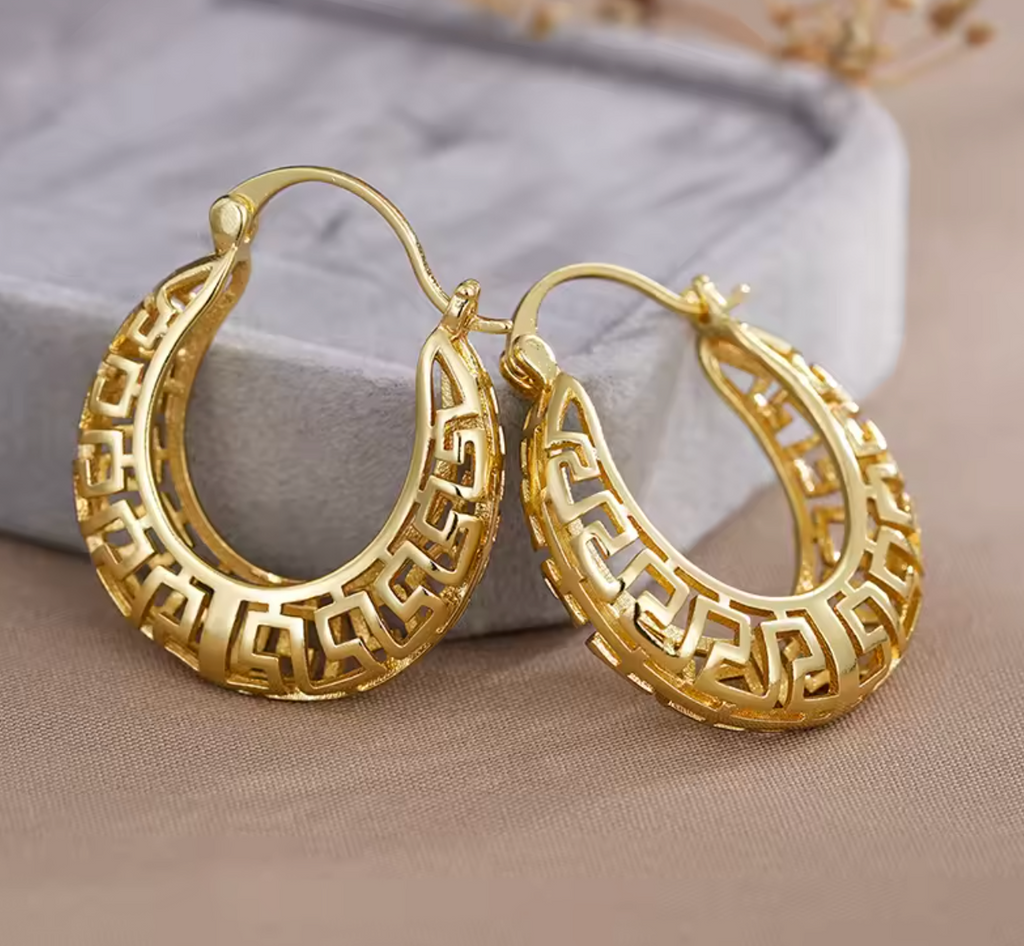 Gold Color Hollow Pattern Hoop Earrings