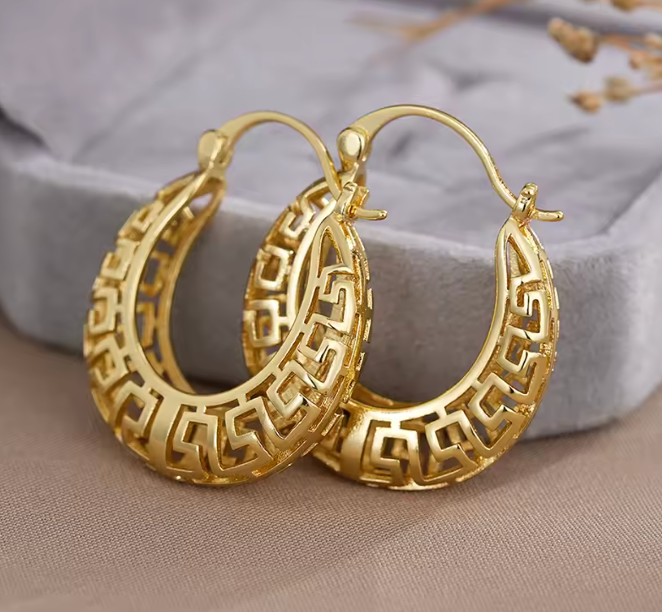 Gold Color Hollow Pattern Hoop Earrings