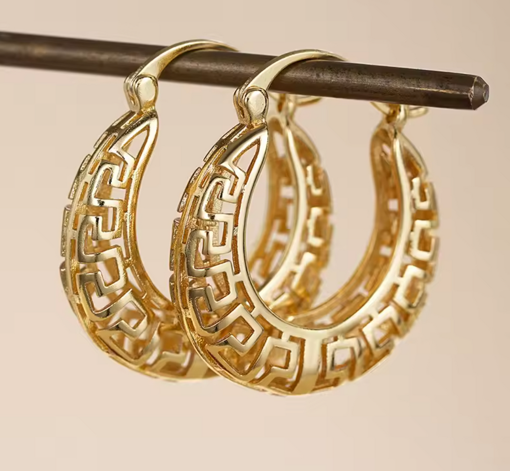 Gold Color Hollow Pattern Hoop Earrings