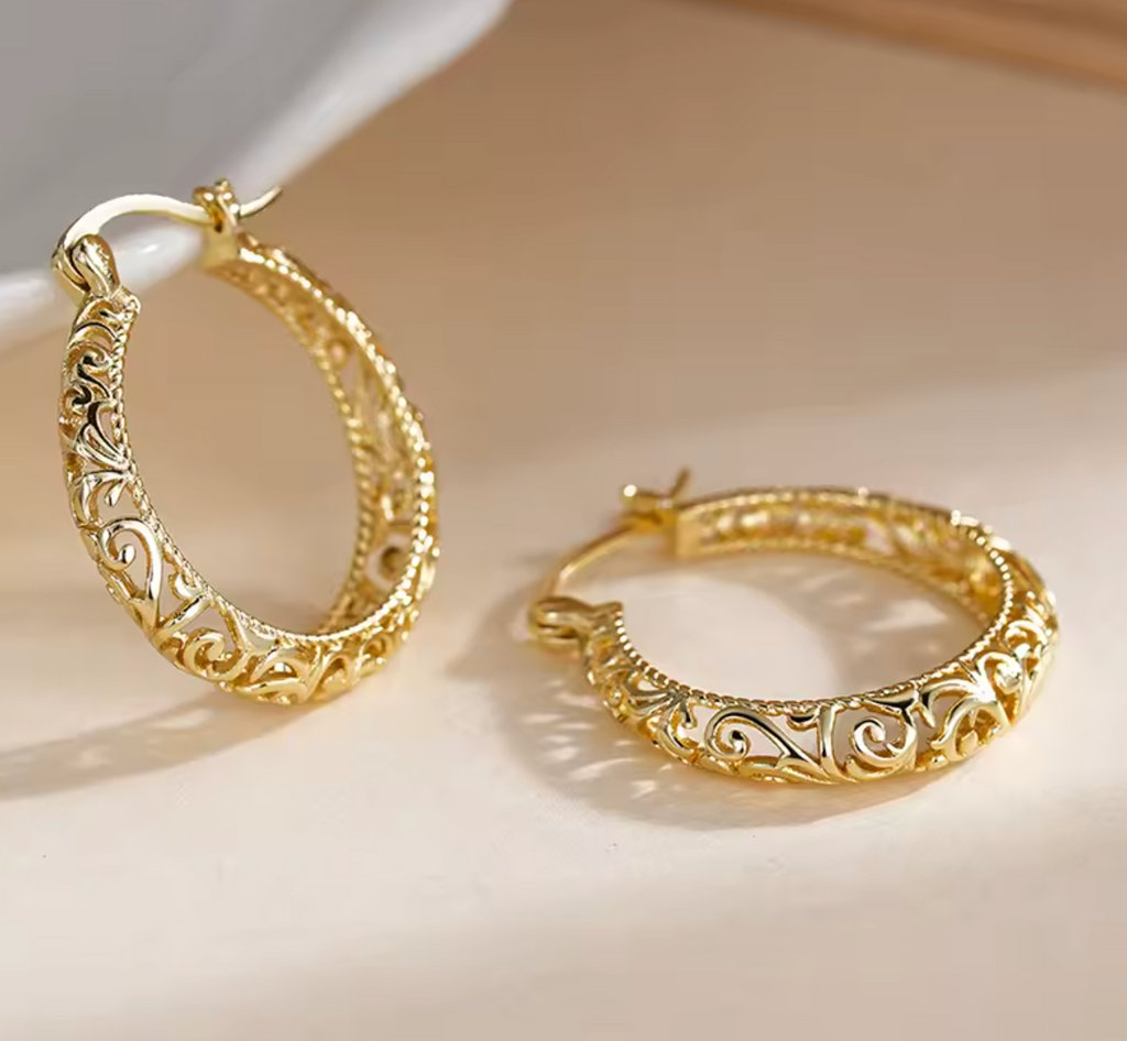 Gold Hollow Pattern Hoop Earrings for Women