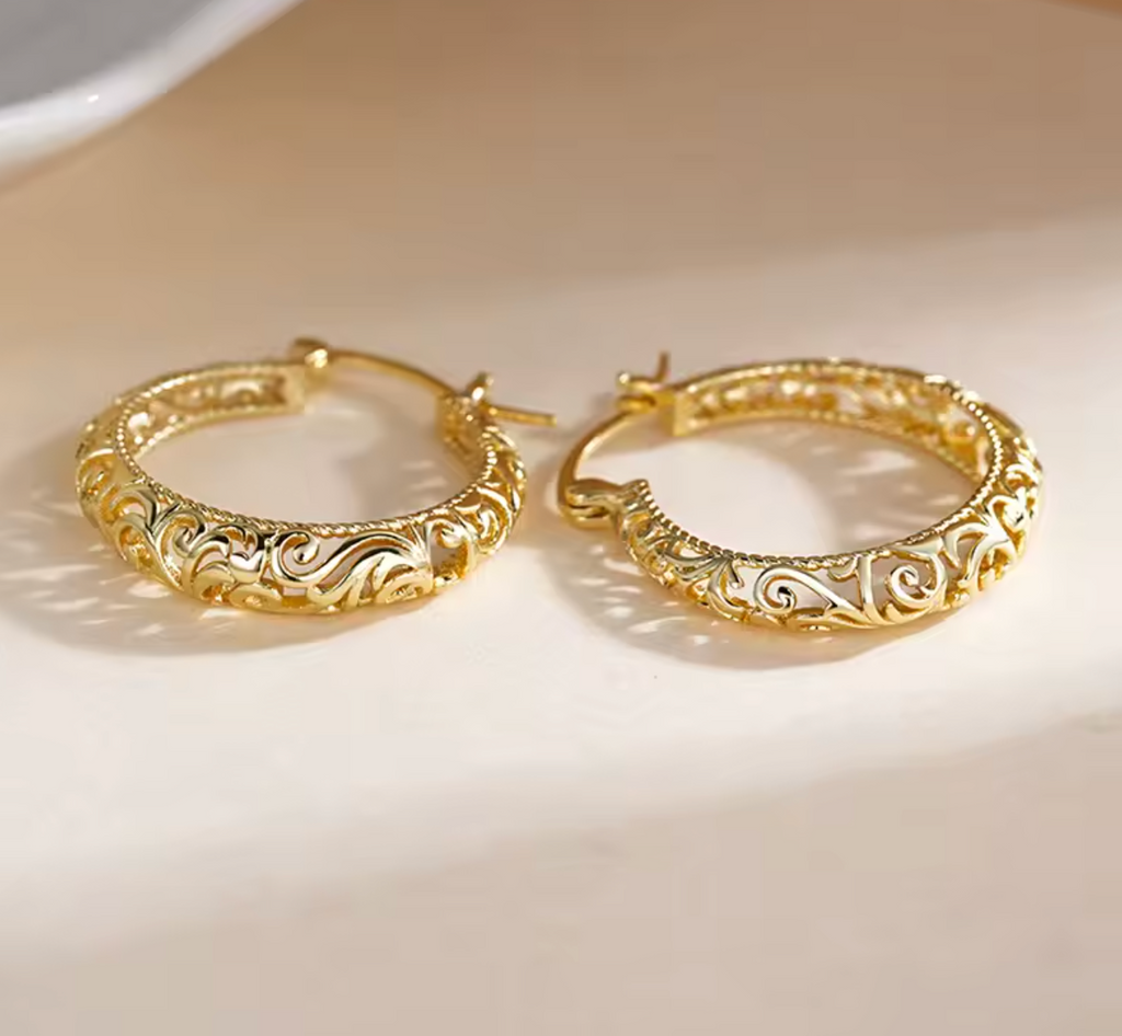 Gold Hollow Pattern Hoop Earrings for Women