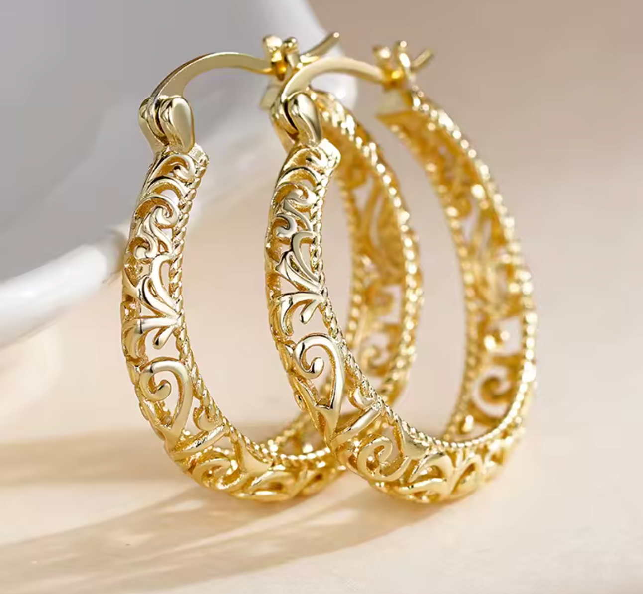 Gold Hollow Pattern Hoop Earrings for Women